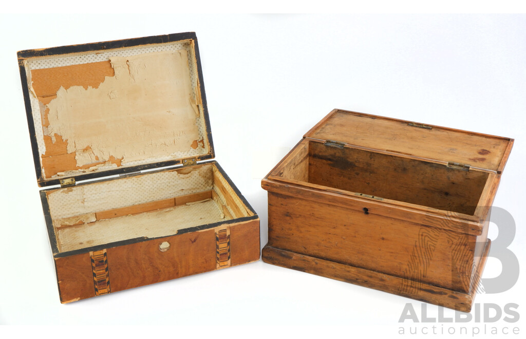 Early Lidded Pine Box with Nice Patina Along with Antique Tunbridge Ware Wooden Box, Losses