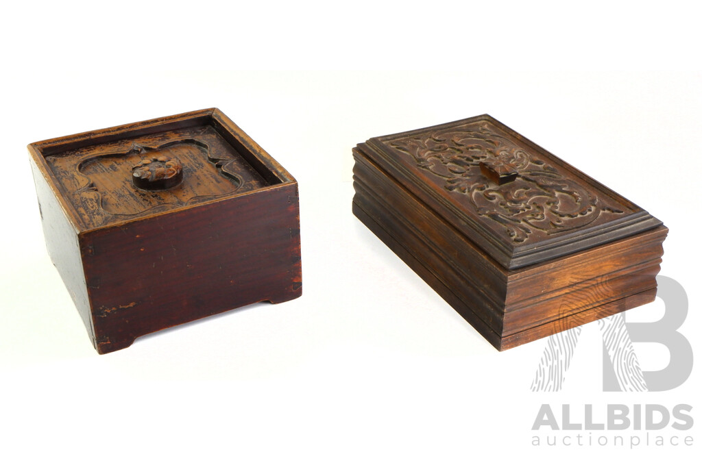Vintage Japanese Lidded  Wooden Box with Nice Patina and Internal Compartment Along with Vintage Lidded Wooden Box with Carved Lid