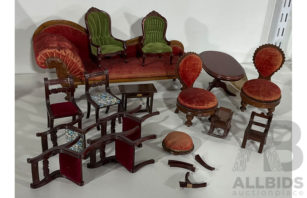 Collection of Vintage Doll Furniture and Accessories Includes Georgian Style Armchairs, Dining Set, Chaise Lounge and More