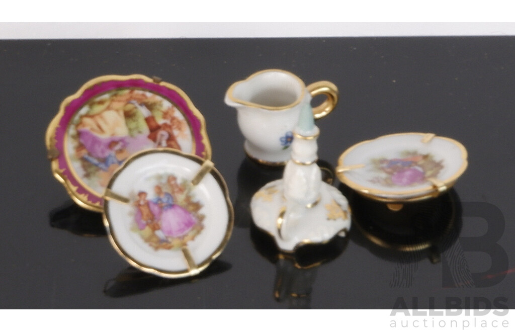 Collection of Vintage Marked Miniature French Limoges Porcelain Includes Plates, Candlestick and Jug