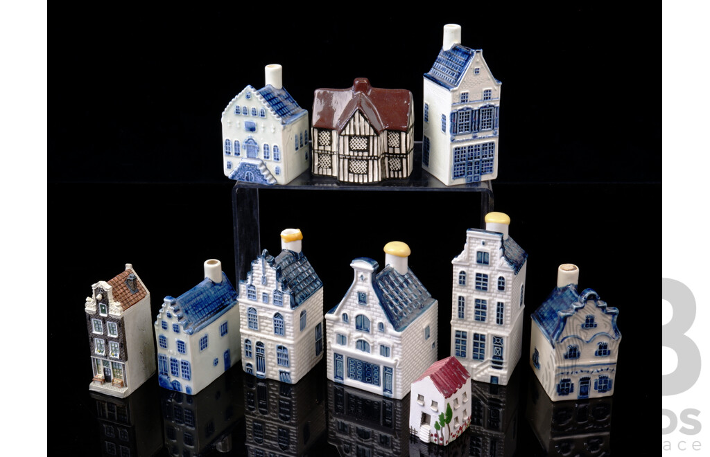 Collection of Vintage Dutch KLM Royal Delft Blue Gin Houses with Two Sealed Examples, Suffolk Cottage and More