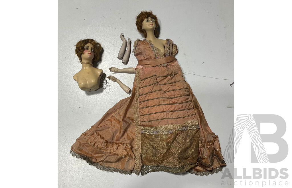 Two Lovely Antique Wax Over Composition Half Head Dolls with Original Wigs