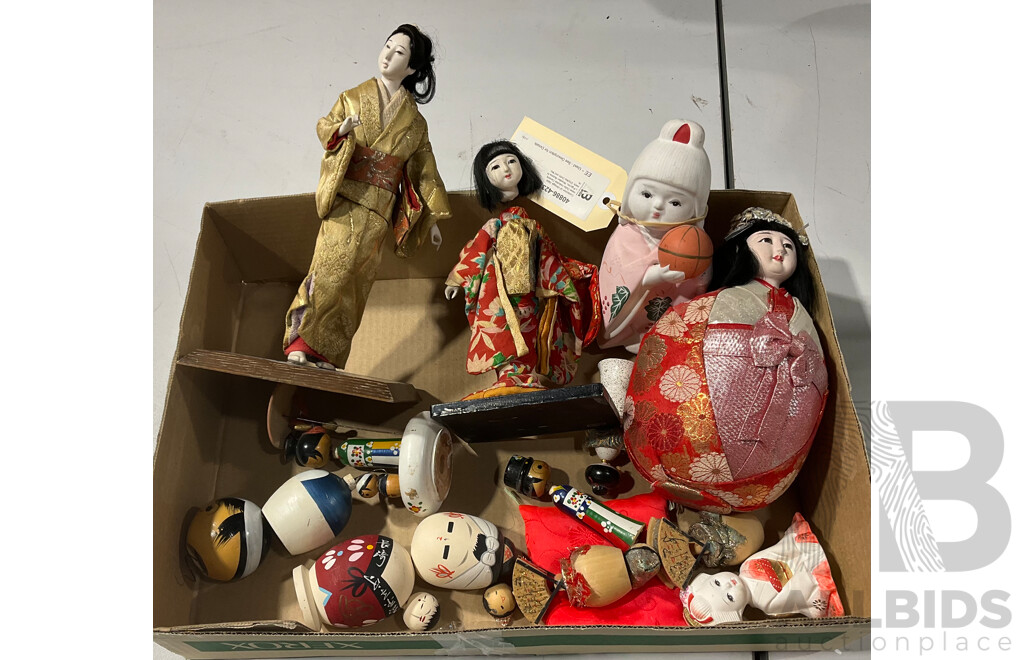 Collection of Vintage Japanese Dolls Includes Ceramic Figures, Wooden Bobble Heads, Display Dolls and More