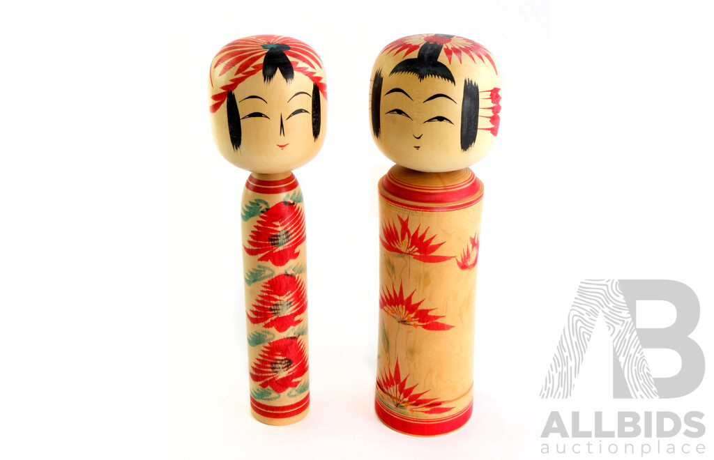 Two Vintage Painted Japanese Kokeshi Dolls with One Signed to Base