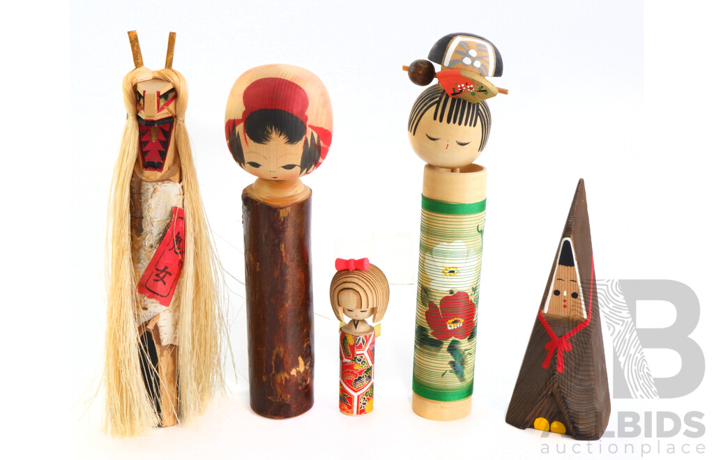 Collection of Five Vintage Painted Japanese Kokeshi Dolls Includes Unusual Bark Wood Example, Boxed Doll and More