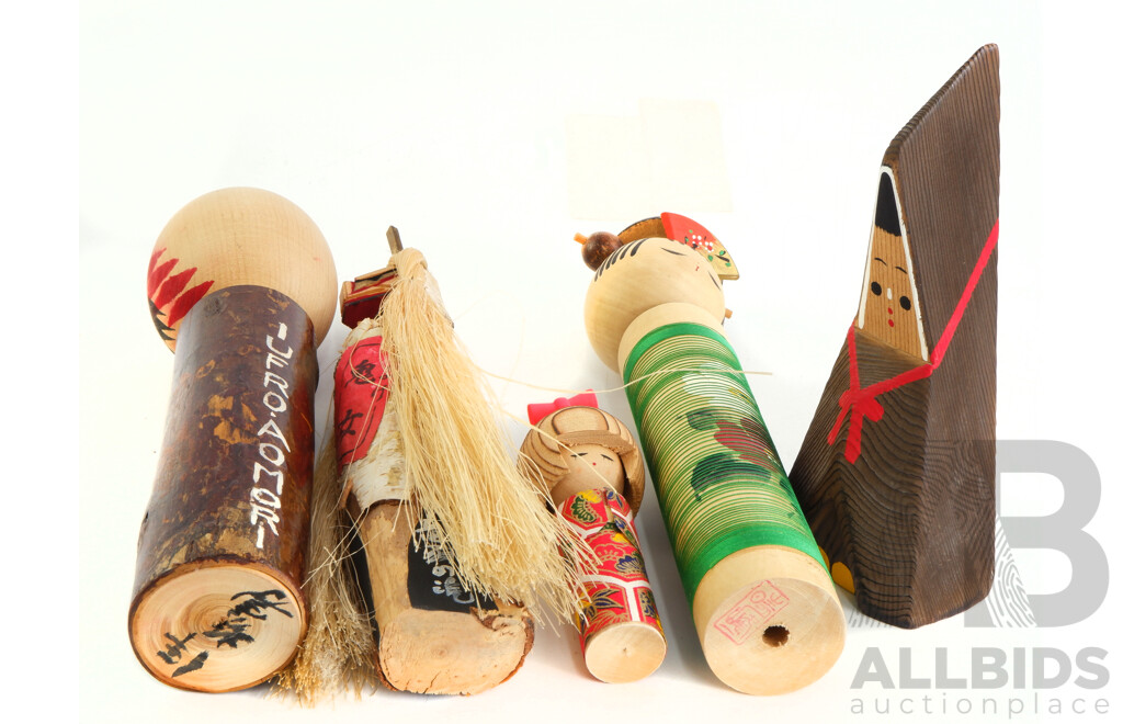 Collection of Five Vintage Painted Japanese Kokeshi Dolls Includes Unusual Bark Wood Example, Boxed Doll and More