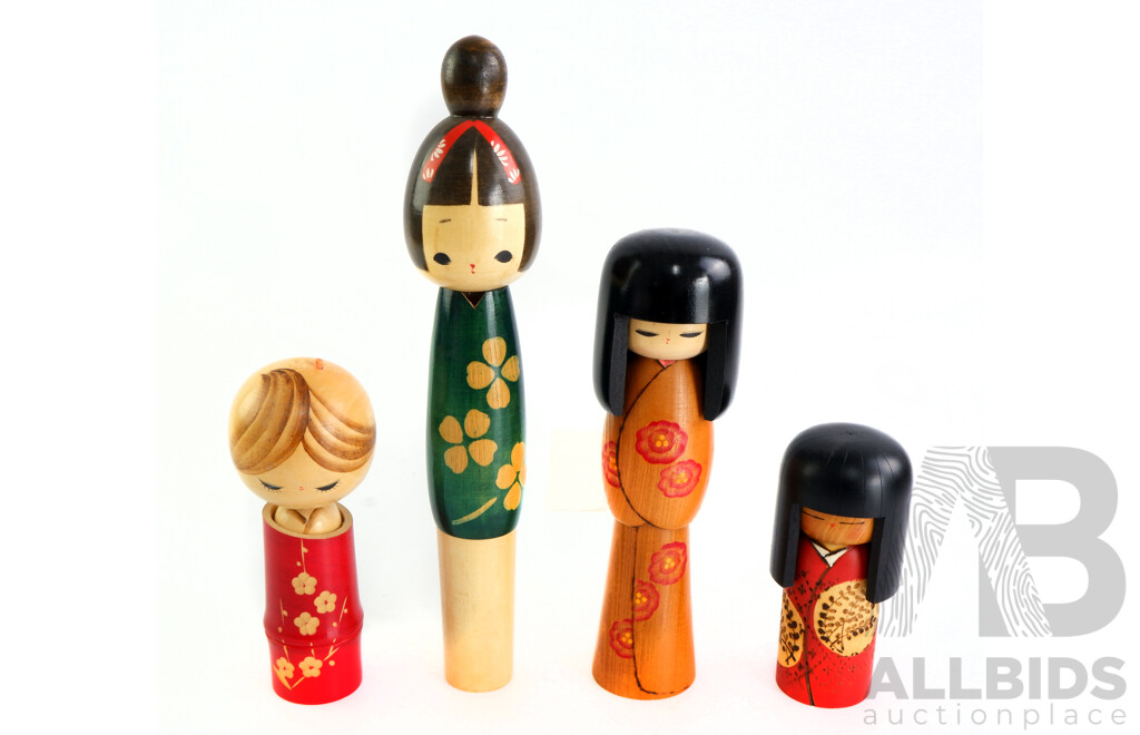 Collection of Four Vintage Painted Japanese Kokeshi Dolls