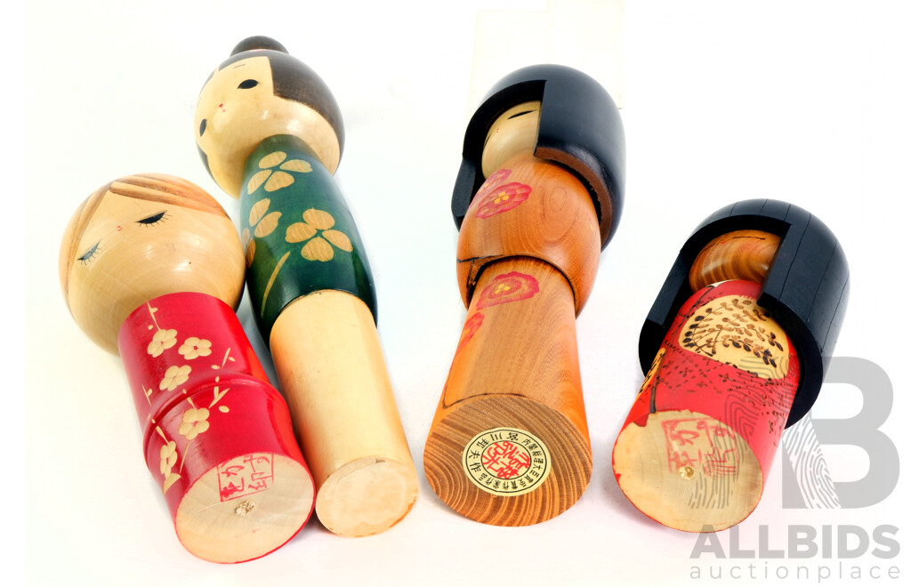 Collection of Four Vintage Painted Japanese Kokeshi Dolls