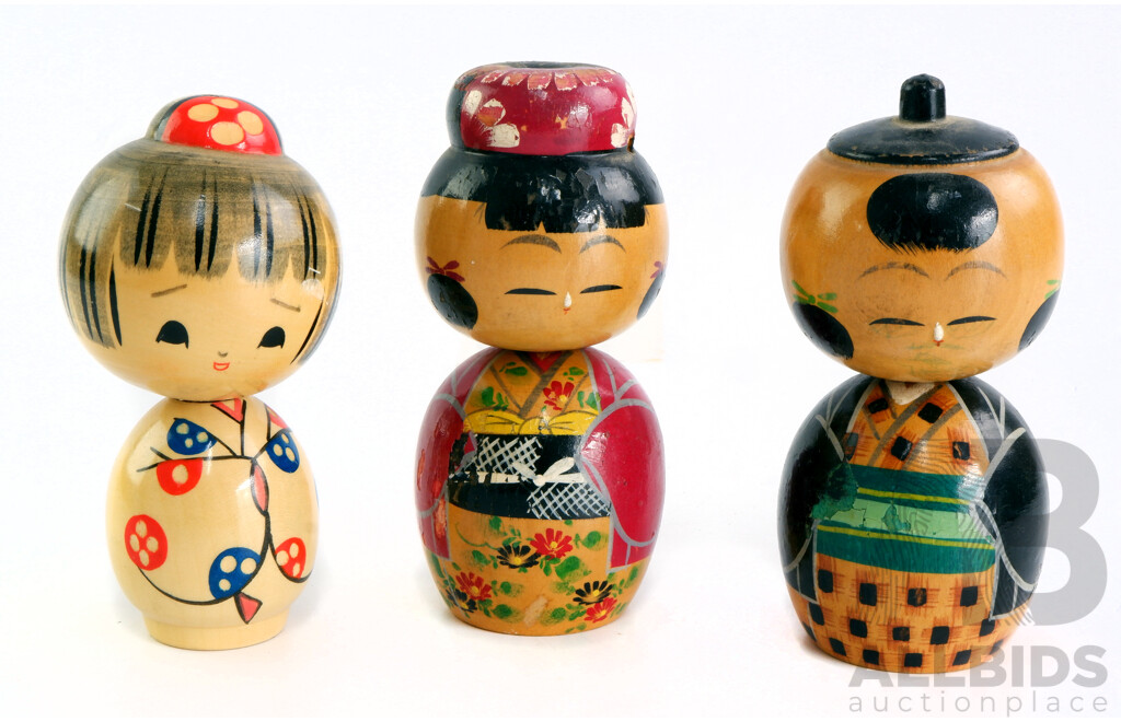 Collection of Three Vintage Painted Japanese Kokeshi Dolls