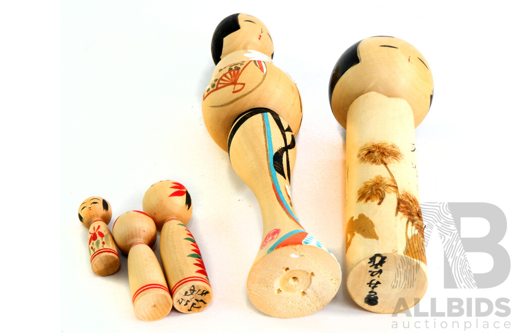 Collection of Five Vintage Painted Japanese Kokeshi Dolls