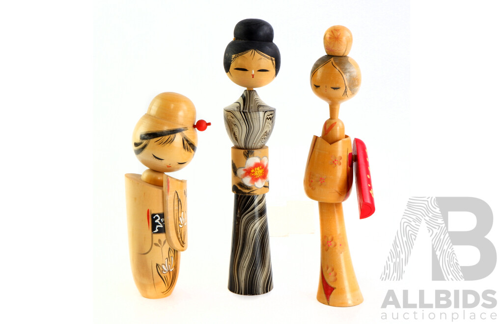 Collection of Three Vintage Painted Japanese Kokeshi Dolls Includes Black and White Marbled Example and More