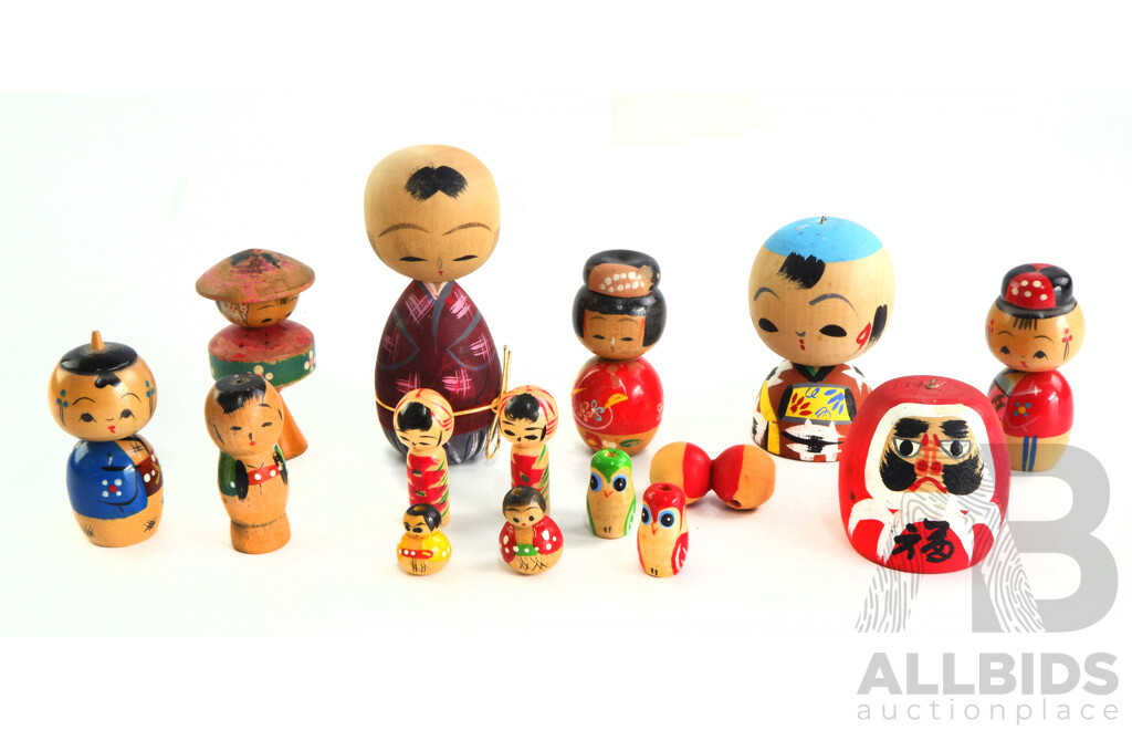 Collection of Miniature Vintage Painted Japanese Kokeshi Dolls Includes Bead Sized Examples and More