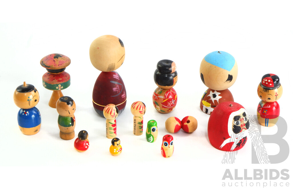 Collection of Miniature Vintage Painted Japanese Kokeshi Dolls Includes Bead Sized Examples and More