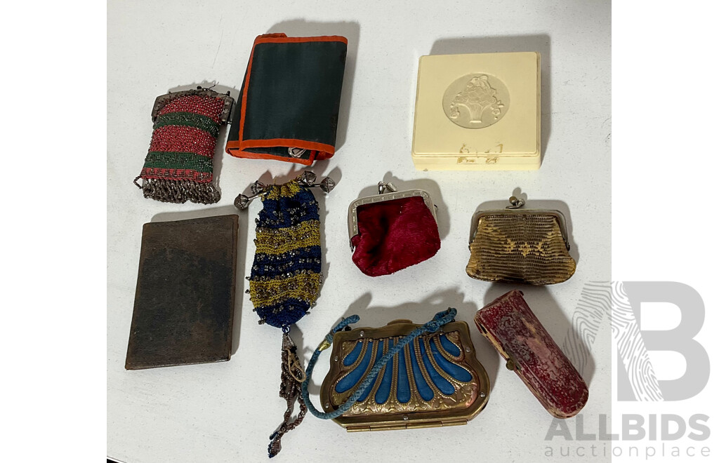 Collection of Small Vintage and Antique Coin Purses, Purse Mirror, Ivorine Trinket Box and More