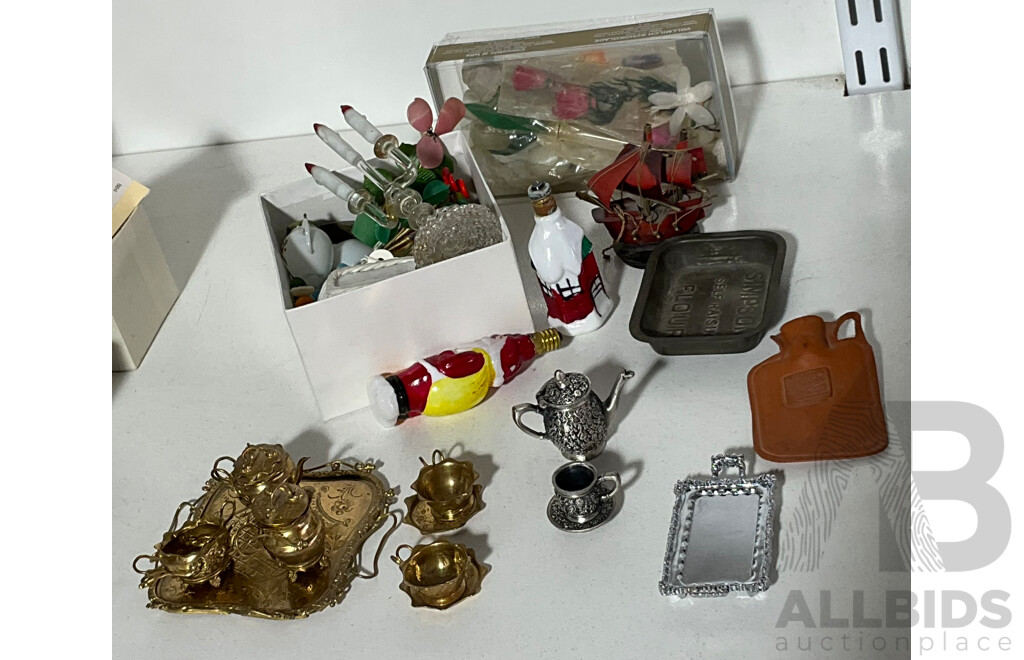 Collection of Vintage and Antique Doll House Miniatures Includes Candlesticks, Ornate Metal Tea Service and More