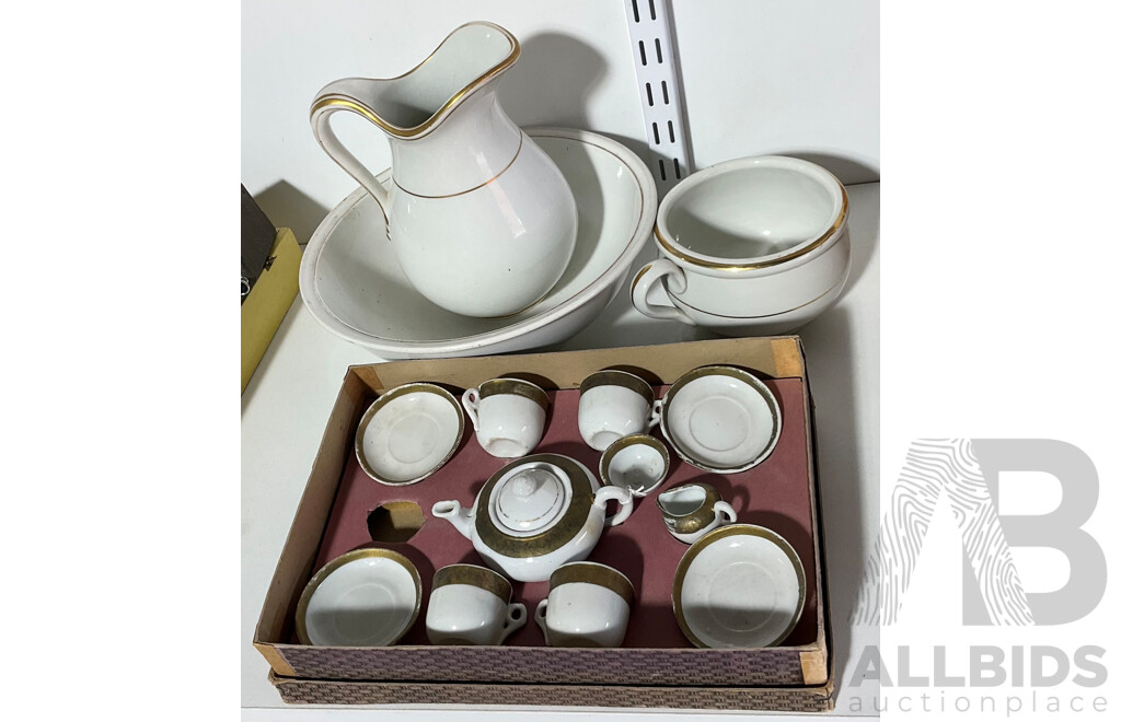 Antique English BB Ironestone Childs Bedroom Washbasin Set and Dolls Ceramic Tea Set in Original Box