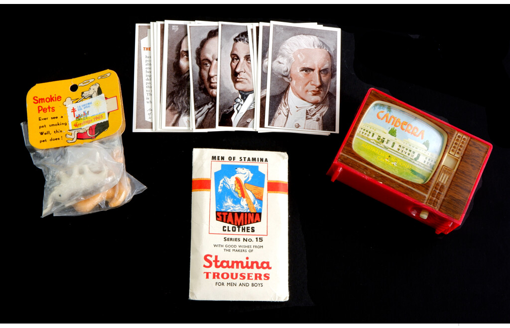 Collection of Vintage Toys Includes Canberra TV Viewer, Men of Stamina Cards and More