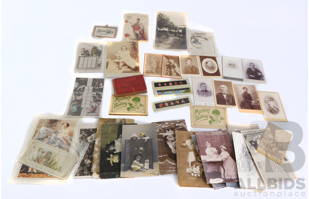 Collection of Vintage and Antique Ephemera Includes Photographs, Postcards, Magic Lantern Slides and More