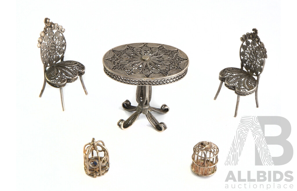 Three Peices of Vintage Silver Metal Filigree Doll House Furniture and Two Bird Cages