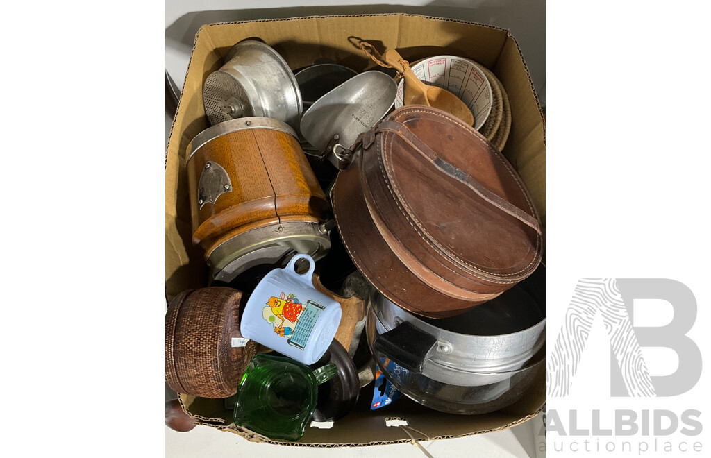 Collection Vintage and Other Kitchenalia and Household Items Including Edwardian Wooden Ice Bucket, Glass Cheese Cloche and More