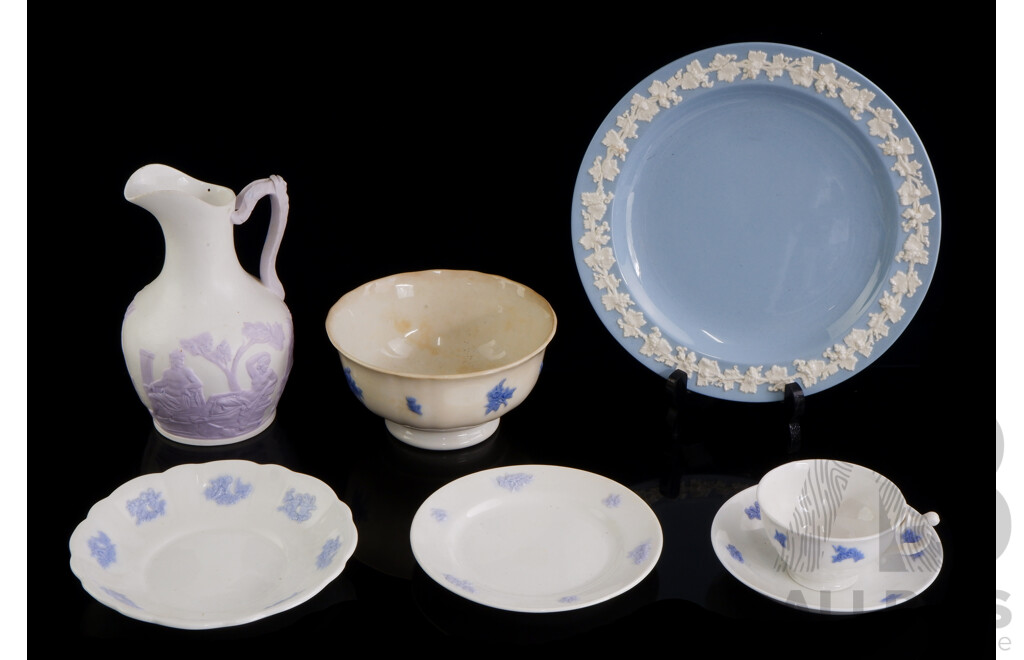 Collection Seven Vintage Embossed Ware Porcelain Including Blue Wedgwood Plate