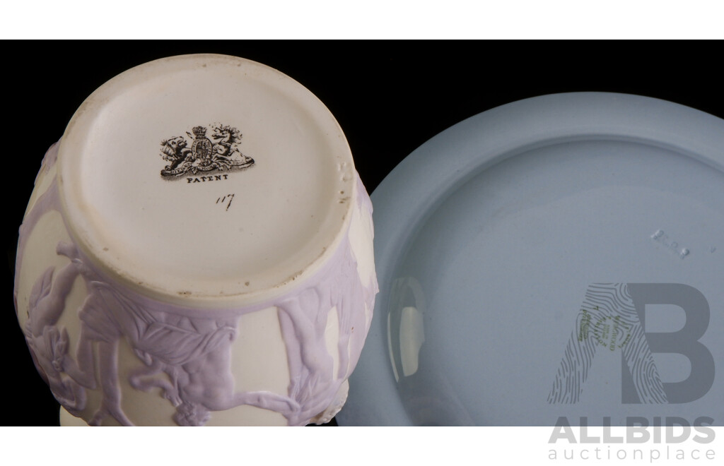 Collection Seven Vintage Embossed Ware Porcelain Including Blue Wedgwood Plate
