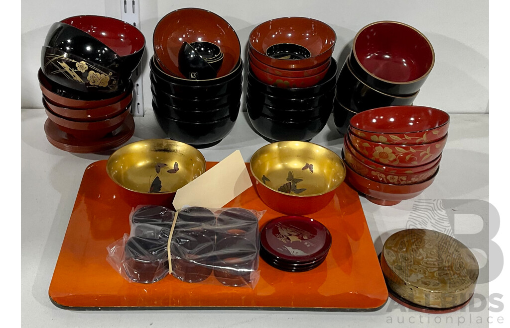 Collection Asian Lacquer Ware Including Bowls, Saucers and More