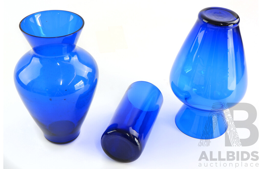 Pair Vintage Bristol Blue Glass Vases Along with Tumbler