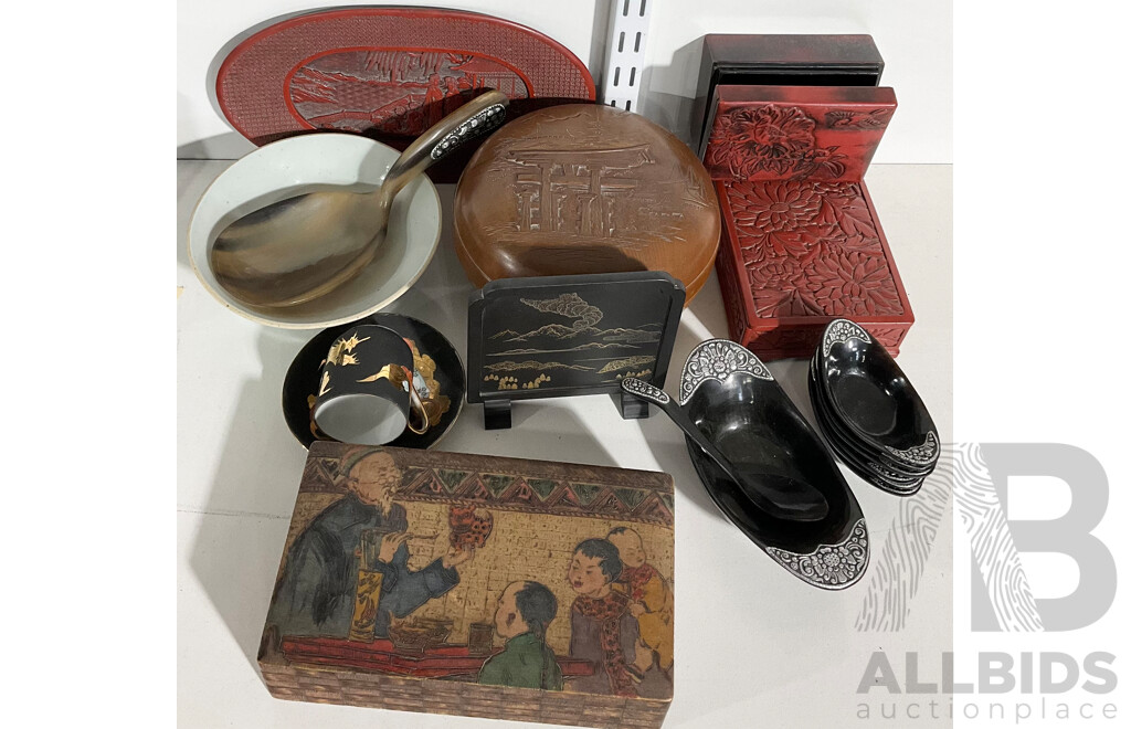 Collection Vintage and Other Asian Decorator Ware INcluding Japanese Chokin Ware Screen, Horn Appetiser Set, Box with Bone Games Pieces and More