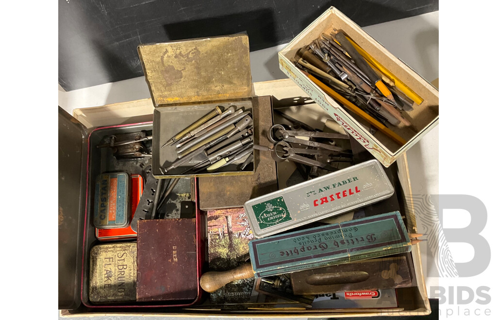 Collection Antique and Vintage Tools Including Dies, Punches, Draughtsmens Tools and Compases, Bone Handled Dividers and More
