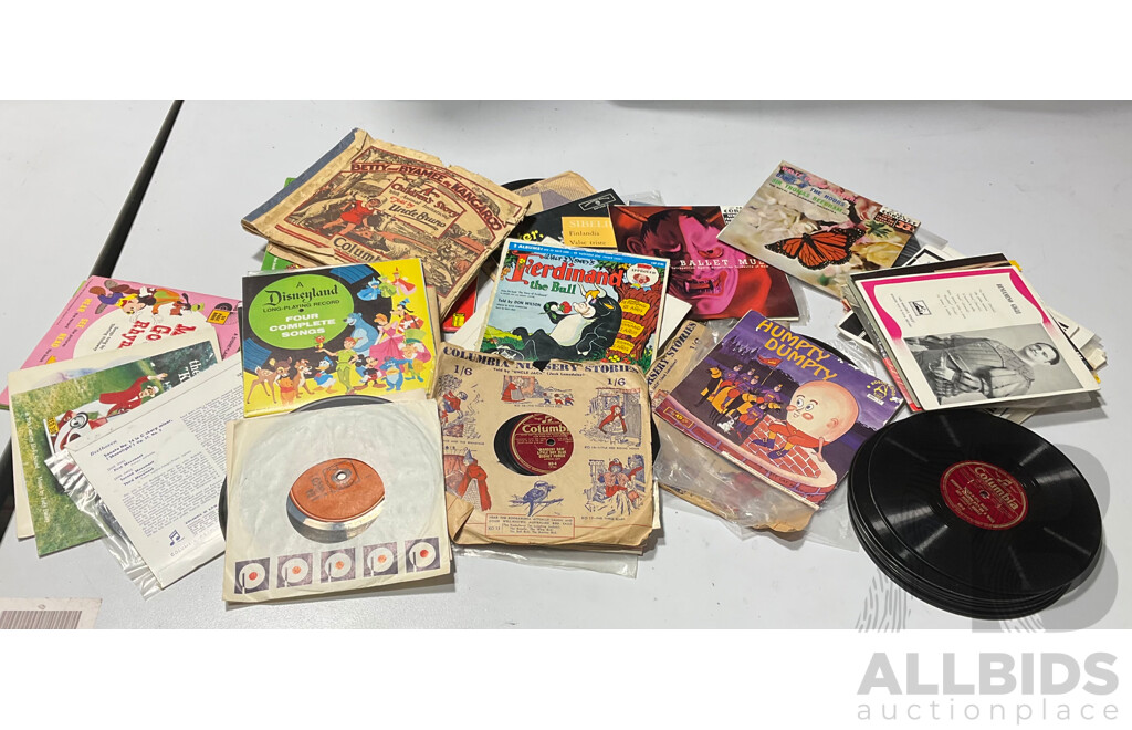 Collection Vinyl Records Including Seven Inch Singles, Ten Inch Records Including Vintage Betty & Baymee the Kangaroo Records