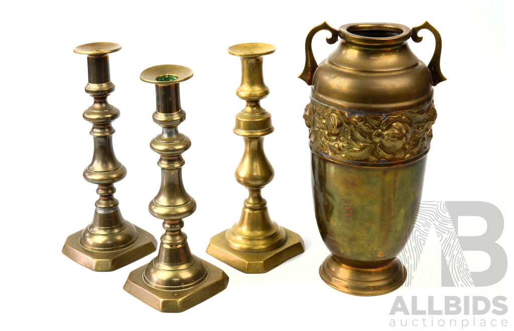Collection Three Vintage Brass Candle Holders Along with Australian Made Vintage Brass Vase