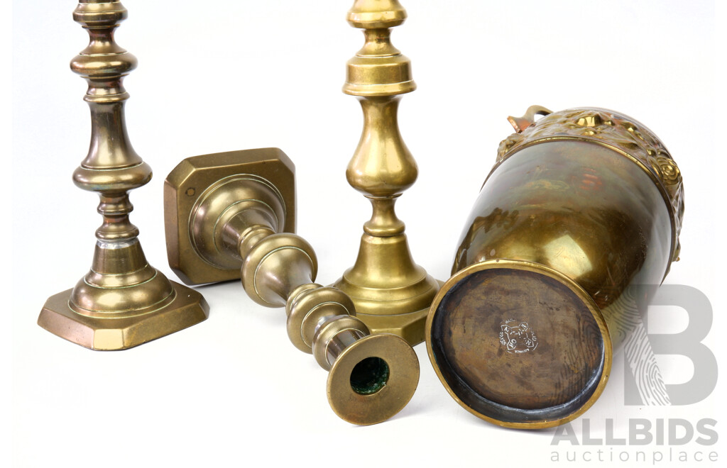 Collection Three Vintage Brass Candle Holders Along with Australian Made Vintage Brass Vase