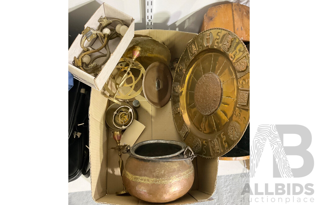 Collection Brass & Copper Items Including Mexican Copper Charger, PAir Middle Eastern Canle Holders, Lidded Copper Cauldron and More
