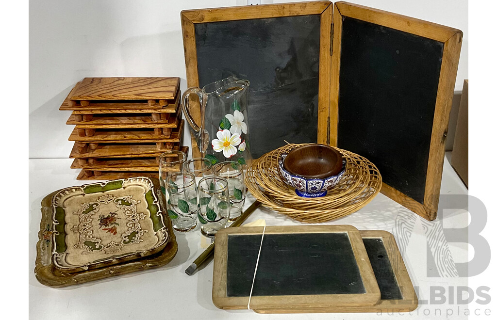 Collection Vintage and Other Items Including Antique School Slate, Collection Wooden Stands, Two Vintage Trays and More