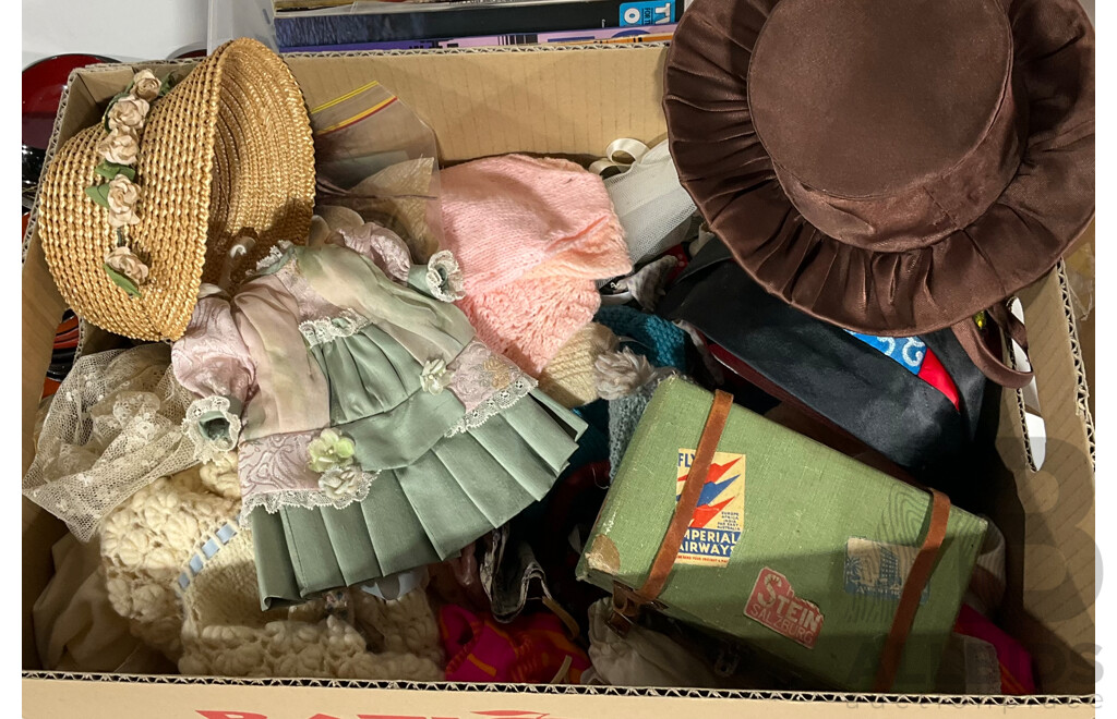 Large Quantity of Vintage Dolls Clothes and Accessories for Various Sizes Inlcuding Dresses, Shoes, Doll Trunks, Hats and More