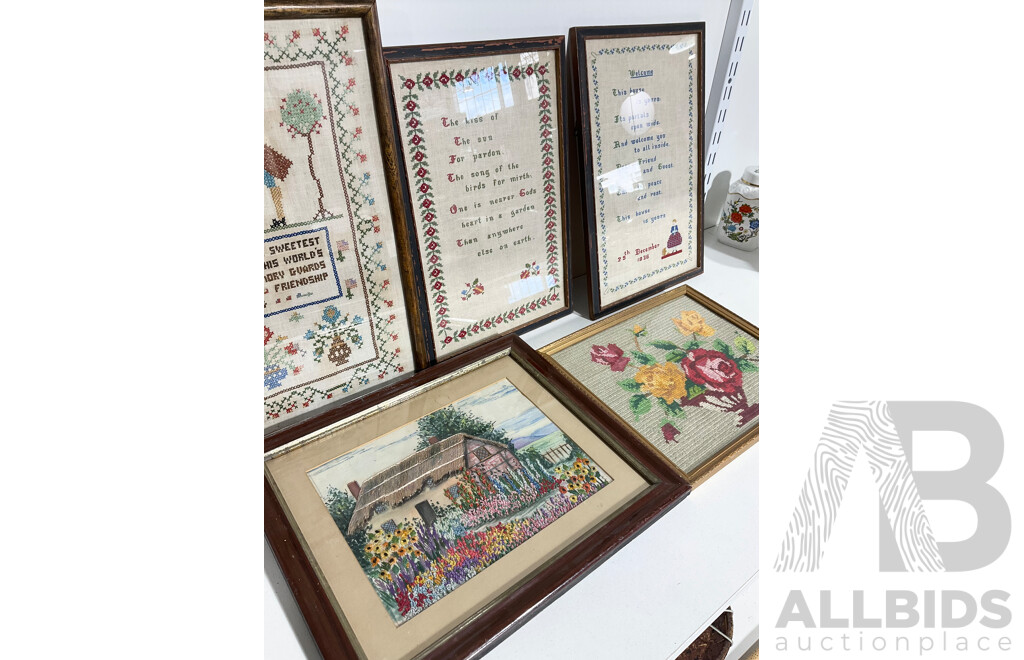 Group of Framed Needlepoint Works Including Samplers and Embroidery (5)