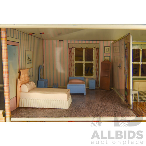 Vintage Two Story Metal Doll House with Garage and Accessories, Mettoy Metal House 1960s