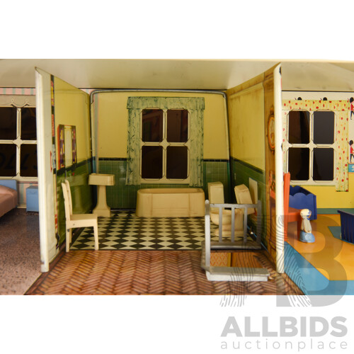 Vintage Two Story Metal Doll House with Garage and Accessories, Mettoy Metal House 1960s