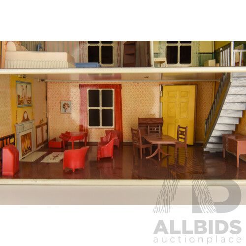 Vintage Two Story Metal Doll House with Garage and Accessories, Mettoy Metal House 1960s