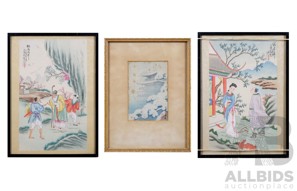 Two Framed Chinese Paintings on Silk Together with a Woodcut (3)