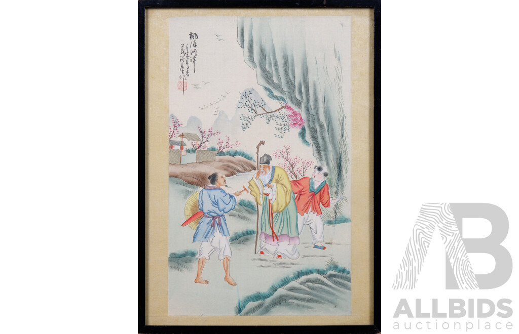 Two Framed Chinese Paintings on Silk Together with a Woodcut (3)