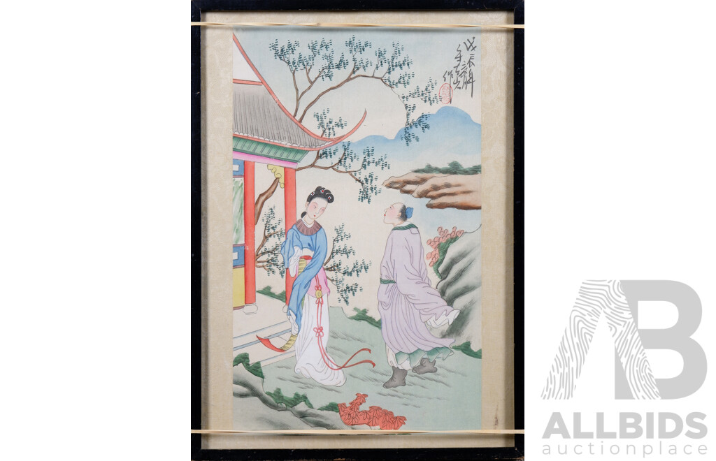 Two Framed Chinese Paintings on Silk Together with a Woodcut (3)