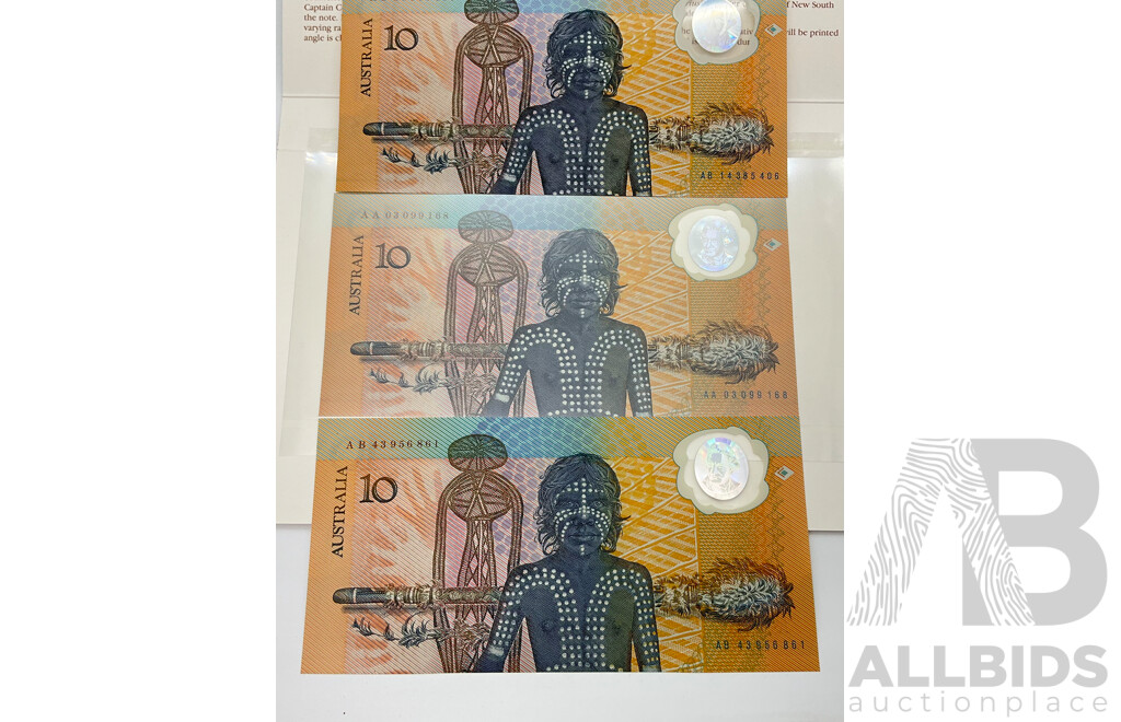 Three Australian 1988 Commemorative Ten Dollar Notes, AA(2) and AB Prefix