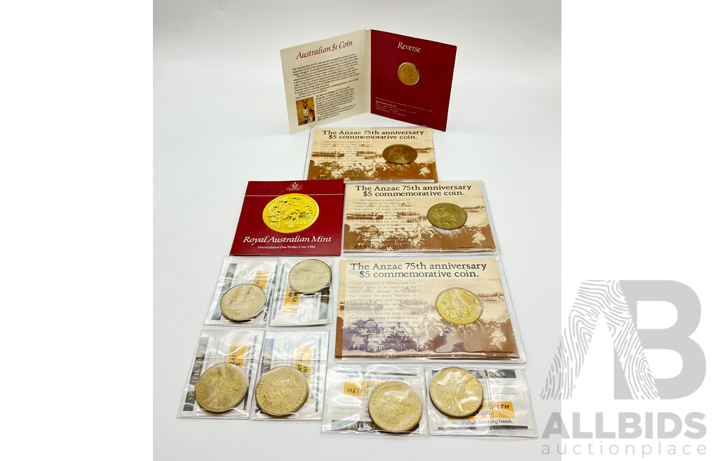 Australian Commemorative Coins Including 1988 Parliament House Five Dollar(5) 1990 75th ANZAC Anniversary Five Dollar(3) 1984 UNC First Year One Dollar Kangaroo(2)