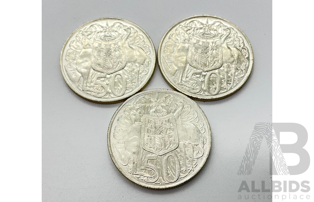 Three Australian 1966 Round Fifty Cent Silver Coins .800 - Great Lustre