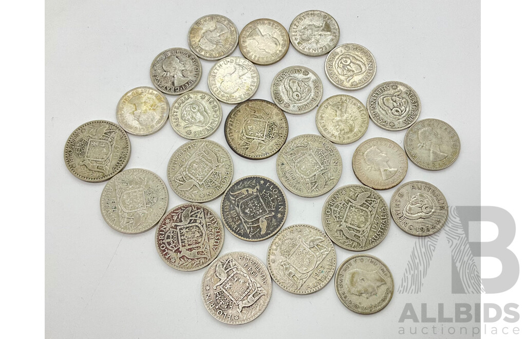 Australian Predecimal Silver Coins, One 1944 and Nine Post 1945 Florins and Fifteen Shillings .500
