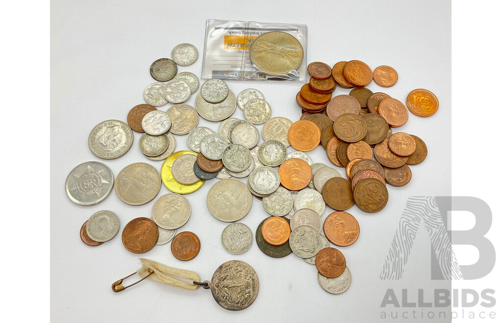Collection of Australian Pre and Post Decimal Coins Including Thirty Post 1945 Sixpence, 1951 Commemorative Florin, 1988 Commemorative Five Dollar Coin, WW1 Medallion and More