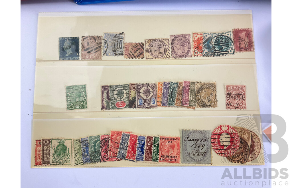 Collection of Antique Great Britain Cancelled Stamps, QV, KGV with International Cancelled Stamps, First Day Covers and Stamp Packs