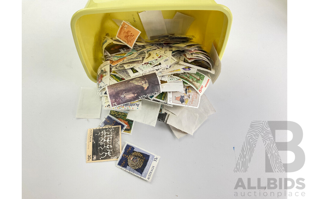 Ten Containers of Mostly Australian Cancelled Stamps with Two Sealed Packs of Vintage Hinges